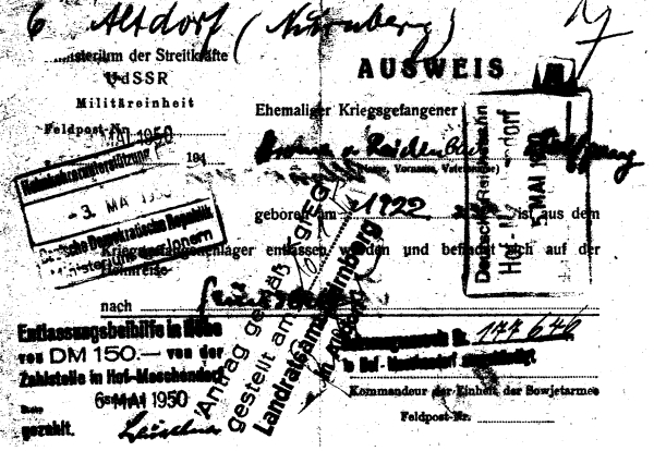 Entlassungsschein Hof, 3.5.1950